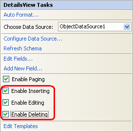 Screenshot showing the DetailsView Tasks window with the Enable Inserting, Enable Editing, and Enable Deleting checkboxes selected.