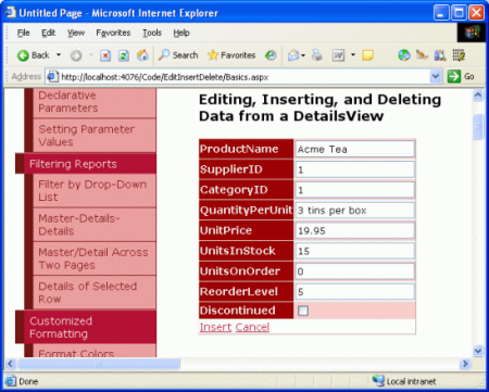 Screenshot showing the DetailsView of the Basics.aspx page in a web browser.