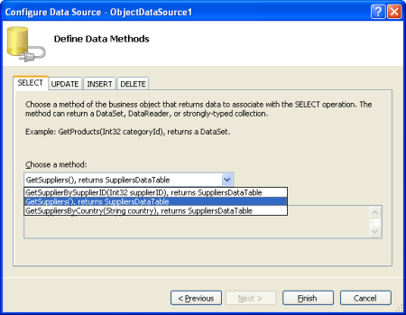 Configure the ObjectDataSource to Use the GetSuppliers() Method