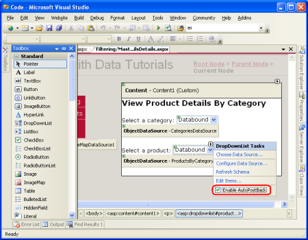 Enable the AutoPostBack Feature for the productsByCategory DropDownList