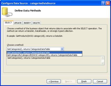 Configure the ObjectDataSource to Use the GetCategories() Method
