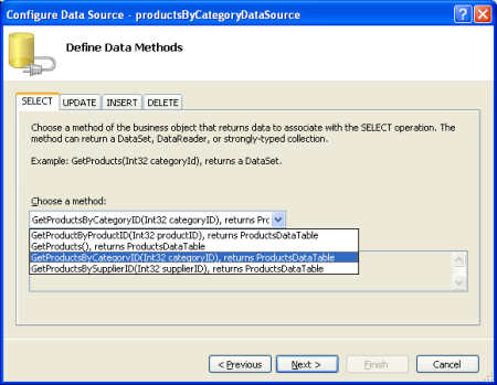 Configure the ObjectDataSource to Use the GetProductsByCategoryID(categoryID) Method