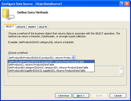 Configure the ObjectDataSource to Use the GetProductByProductID(productID) Method