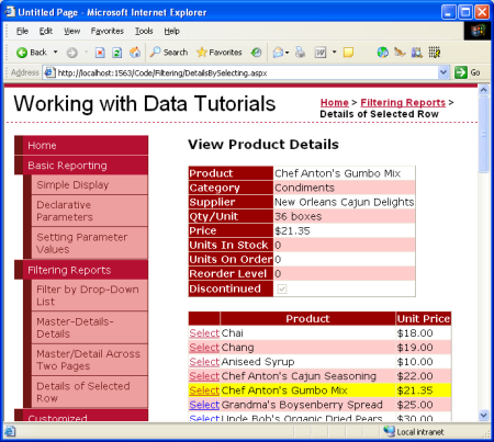 Clicking the Select Button Displays the Product's Details