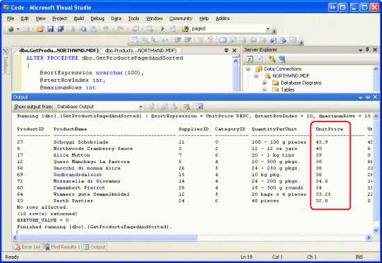 The Stored Procedure s Results are Shown in the Output Window