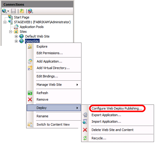 In IIS Manager, in the Connections pane, right-click your website node (for example, DemoSite), point to Deploy, and then click Configure Web Deploy Publishing.