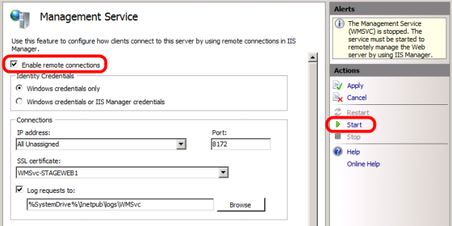 In the Actions pane, click Start to start the Web Management Service.