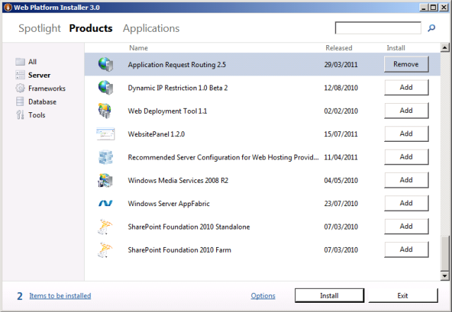 In the Application Request Routing 2.5 row, click Add.