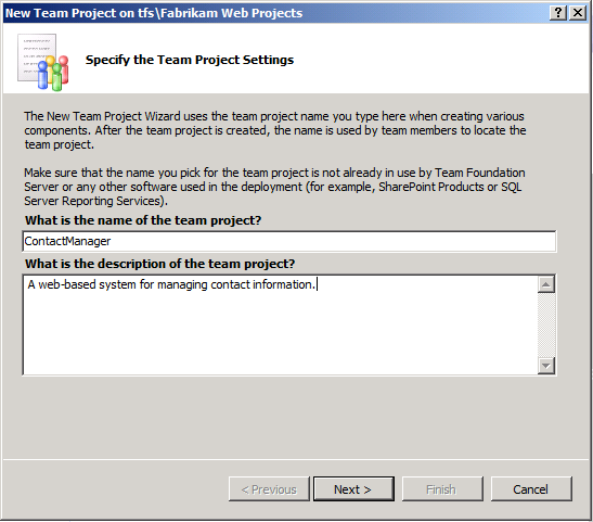 Screenshot of the New Team Project dialog box to provide a name and description for the team project.