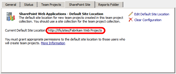 On the SharePoint Site tab, note the value of the Current Default Site Location U R L.