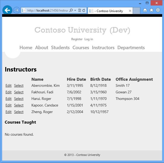 Screenshot of the Instructors page showing their Name, Hire Date, Birth Date, and Office Assignment.