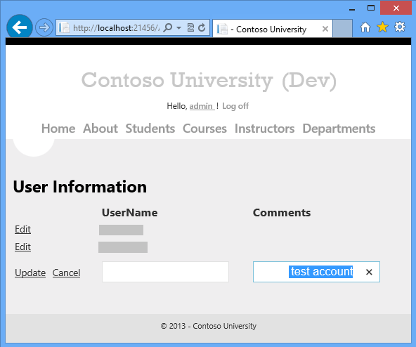 Screenshot of the UserInfo page showing the UserName test and the Comment Tom's test account.