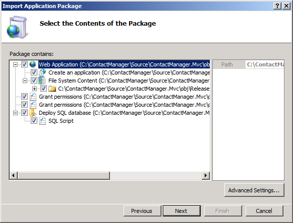 On the Select the Contents of the Package page, clear any content that you don't require, and then click Next.