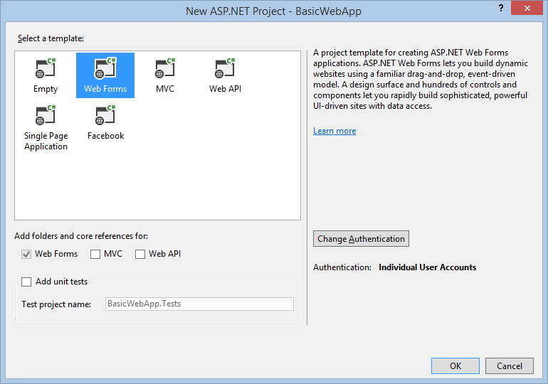 New ASP.NET Project dialog box