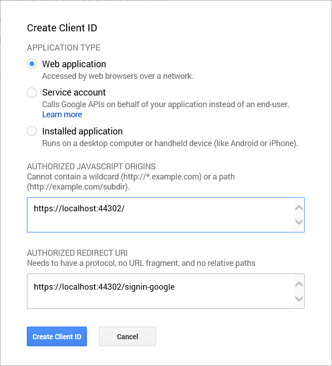 Google - Create Client ID