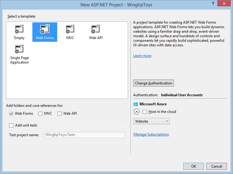 Screenshot of the New ASP.NET Project window with the Web Forms template and OK button selected.