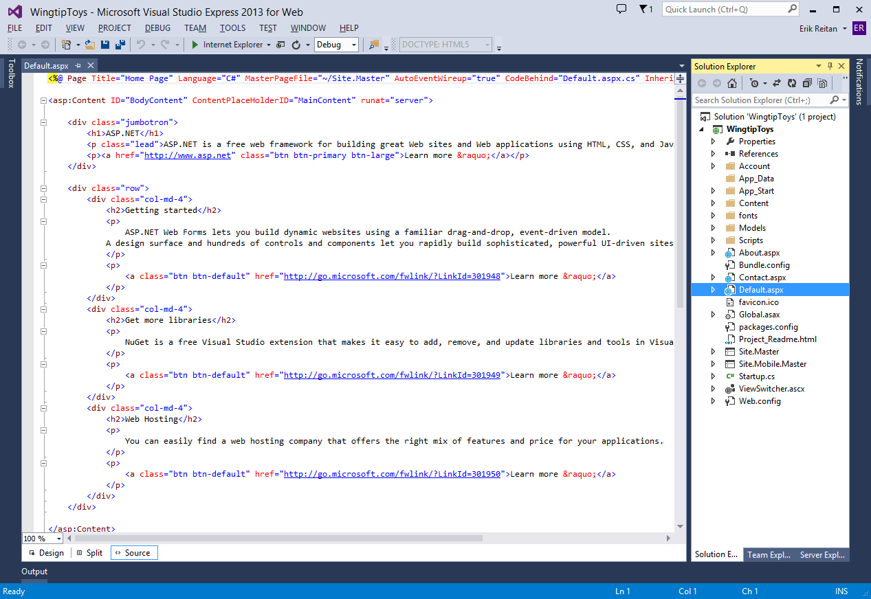 Screenshot of the Microsoft Visual Studio Express 2013 for Web window displaying the Default.aspx page.
