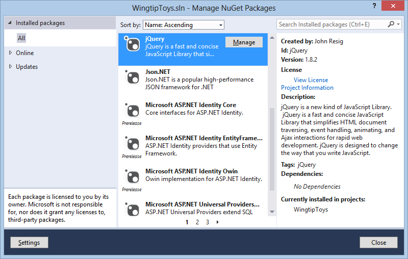 Screenshot of the Manage NuGet Packages window with jQuery highlighted.