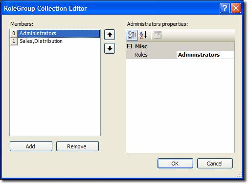 Screenshot that shows a Role Group Collection Editor dialog with a dropdown selecting Administrators.