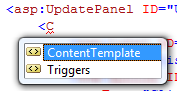 Screenshot that shows an a s p  Update Panel tag followed by a Content Template tag.