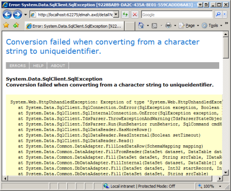 Screenshot that displays the error details YSOD.