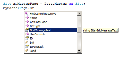 IntelliSense Shows our Master Page's Public Properties and Methods