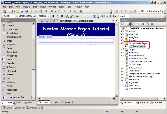 The Simple dot master master page when loaded in the Visual Studio Designer.