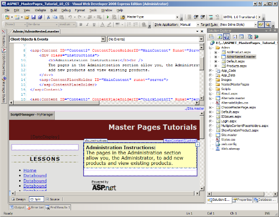 The Nested Master Page Extends the Top-Level Master Page to Include Instructions for the Administrator.