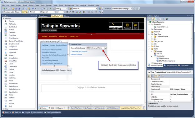 Screenshot that shows where to set the Entity Data Source control.