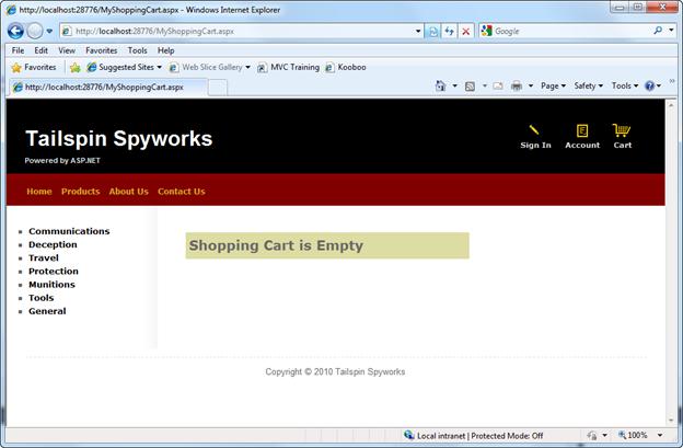 Screenshot that shows the empty shopping cart.
