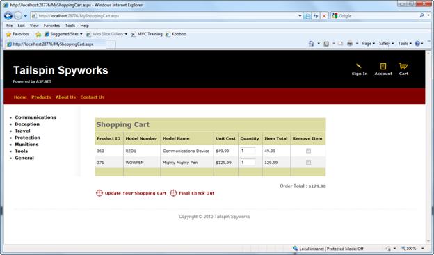 Screenshot that shows the total amount for the items in the shopping cart.