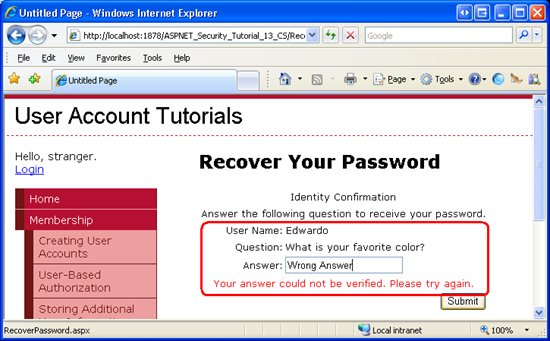 An Error Message is Displayed if the User Enters an Invalid Security Answer