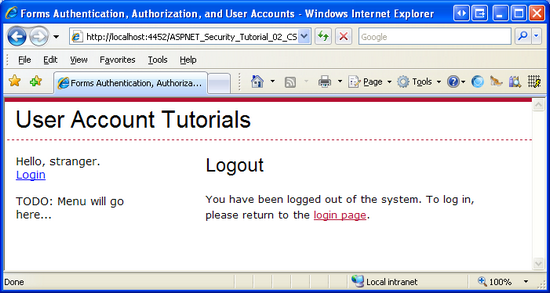 Logout.aspx Shows Welcome, stranger Along with a Login LinkButton