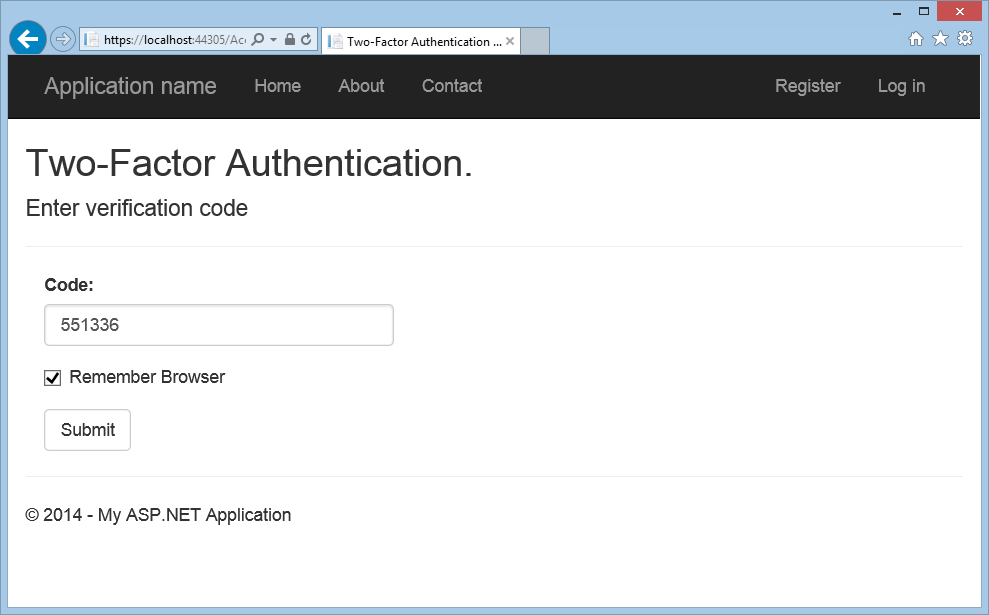 Screenshot of the Two-Factor Authentication browser window showing the Code field with the entered verification code and the Submit button.