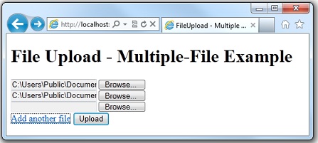 Screenshot of the File Upload Multiple File Example web browser page showing two file pickers with selected files and an Upload button.