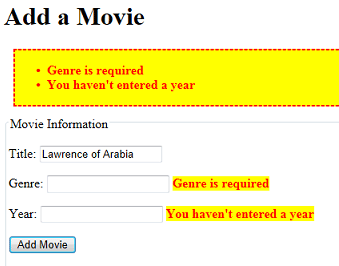 Add Movie page showing validation errors that have been styled