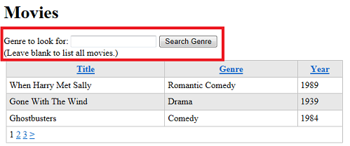Movies page with search box for Genre