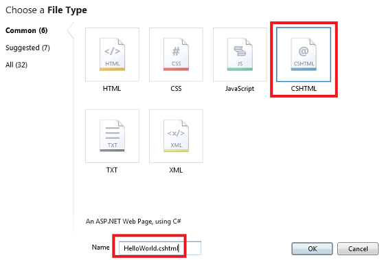 Creating a new CSHTML page named HelloWorld.cshtml