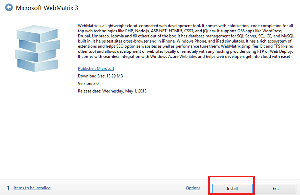 Screenshot of the Web Platform Installer showing the Microsoft Web Matrix installer with the Install button highlighted with a red rectangle.