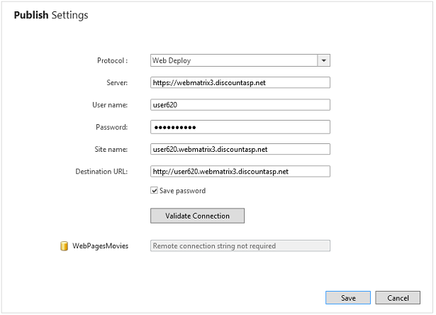 Screenshot of the Publish Settings dialog box showing the hosting company details filled into the text fields.