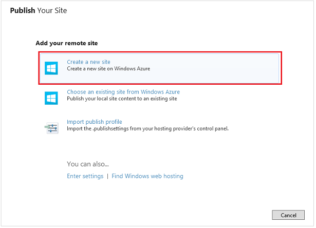 Screenshot of the Publish Your Site dialog box showing the Create a new site option highlighted with a red rectangle.