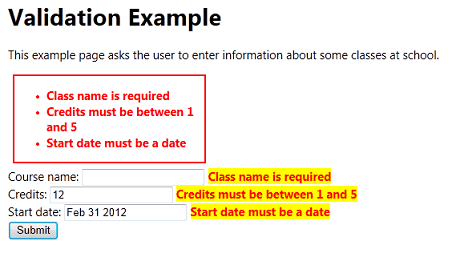 Screenshot shows Validation errors that use CSS style classes.