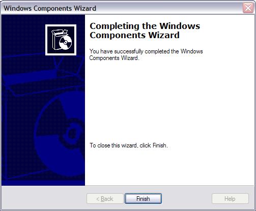Screenshot of the Windows components wizard configuring components screen. A status bar is in progress.