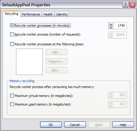 Screenshot of the Windows IIS manager DefaultAppPool Properties screen. The option Recycle worker processes (in minutes) is checked.