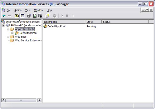 Screenshot of the Windows IIS manager screen. The file menu shows the folder Application Pools highlighted.