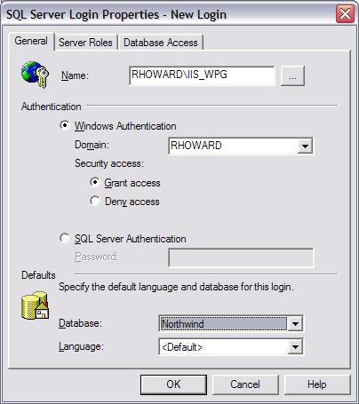 A screenshot of the Windows Server Enterprise Manager SQL Server Login Properties screen. The General tab is selected.