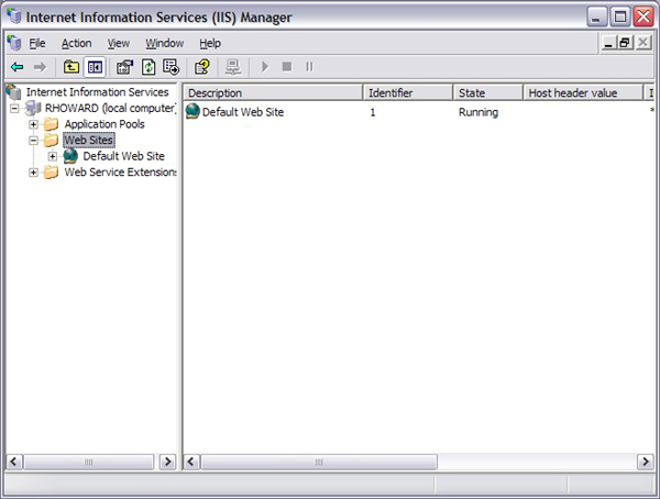A screenshot of the Windows IIS Manager screen. The web sites folder is highlighted.