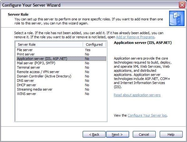 Screenshot of the Windows configure your server wizard screen titled server role. The menu shows the application server option highlighted.