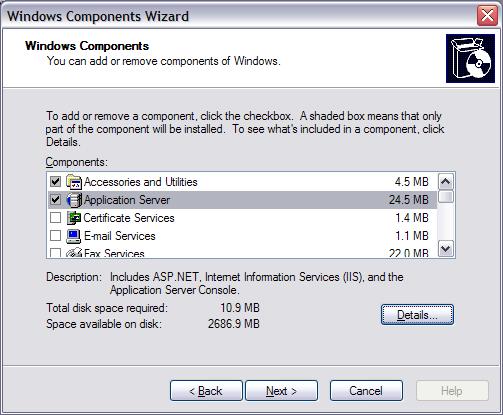 Screenshot of the Windows components wizard window. ASP.NET is highlighted.