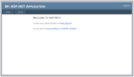 Screenshot that shows a browser view of the default page created when you start a new MVC application.